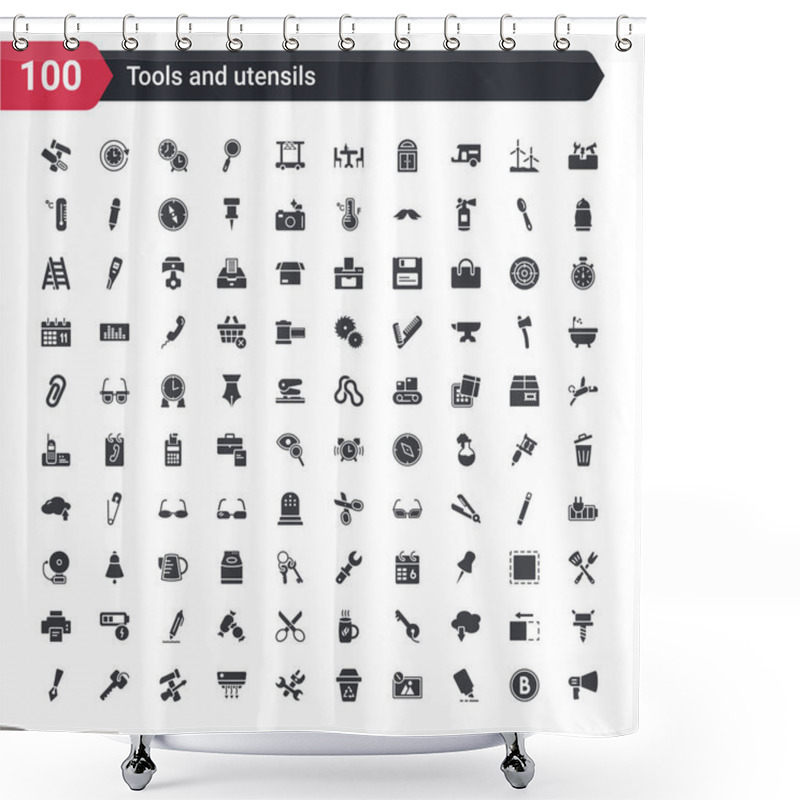 Personality  100 Tools And Utensils Icons Set Such As Megaphone Side View, Highlight, Edit Picture, Recycling Bin, Cross Wrench, Air Conditioning, Reparation, Key Ring, Edit Tools Shower Curtains