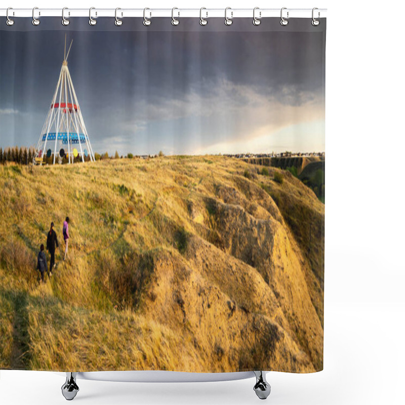 Personality  Medicine Hat Alberta Canada, May 13 2021: A Family Walks Outdoors Along A Hiking Trail In Seven Persons Coulee By The Sammis Tepee At Sunset. Shower Curtains