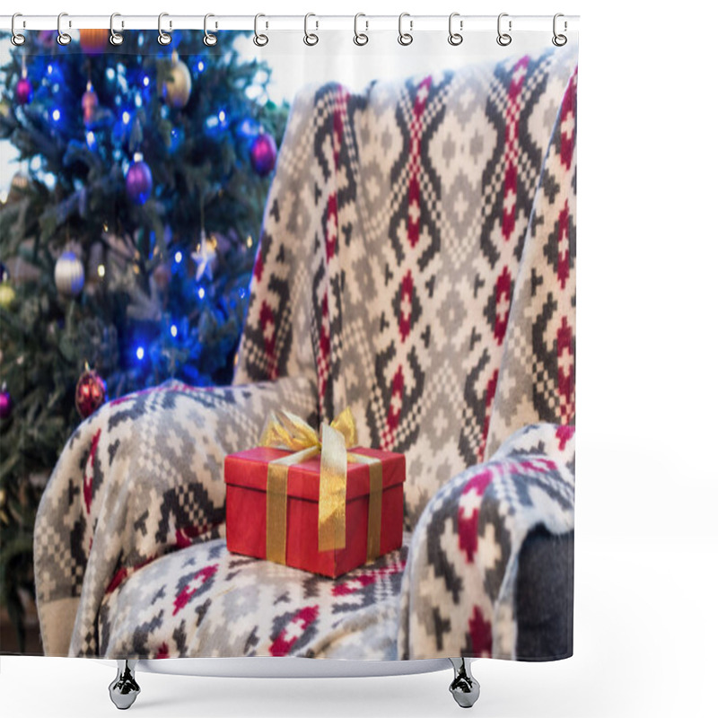 Personality  Red Gift Box With Golden Bow On Couch And Decorated Christmas Tree Behind  Shower Curtains