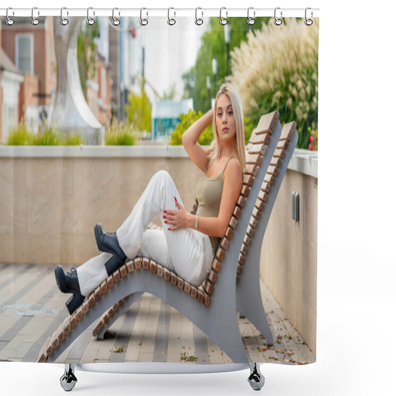 Personality  A Beautiful Young Woman Strolls Through Her Quaint Small Town, Basking In The Warmth Of Spring. Surrounded By Blooming Flowers And Fresh Air, She Radiates Joy, Enjoying The Peaceful Solitude. Shower Curtains