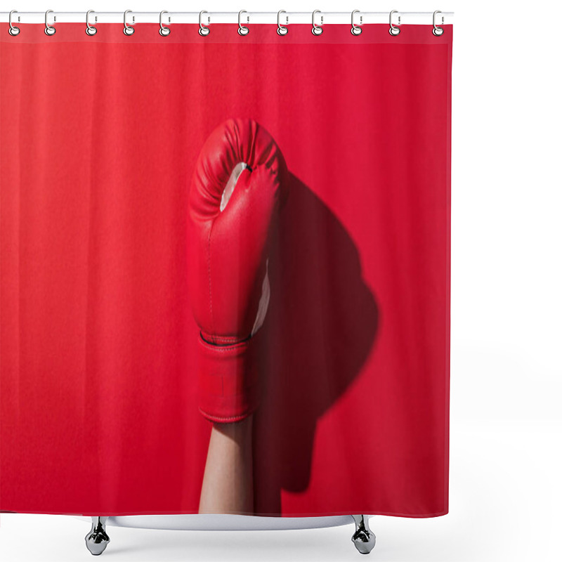 Personality  Cropped View Of Woman In Leather Boxing Glove On Red  Shower Curtains