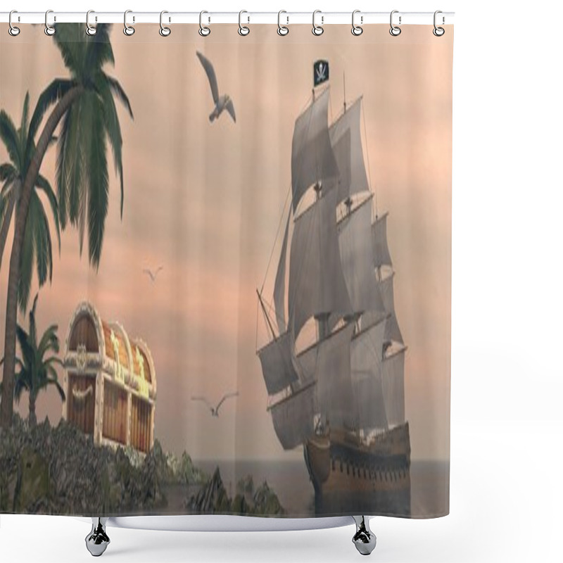 Personality  Pirate Ship Finding Treasure - 3D Render Shower Curtains