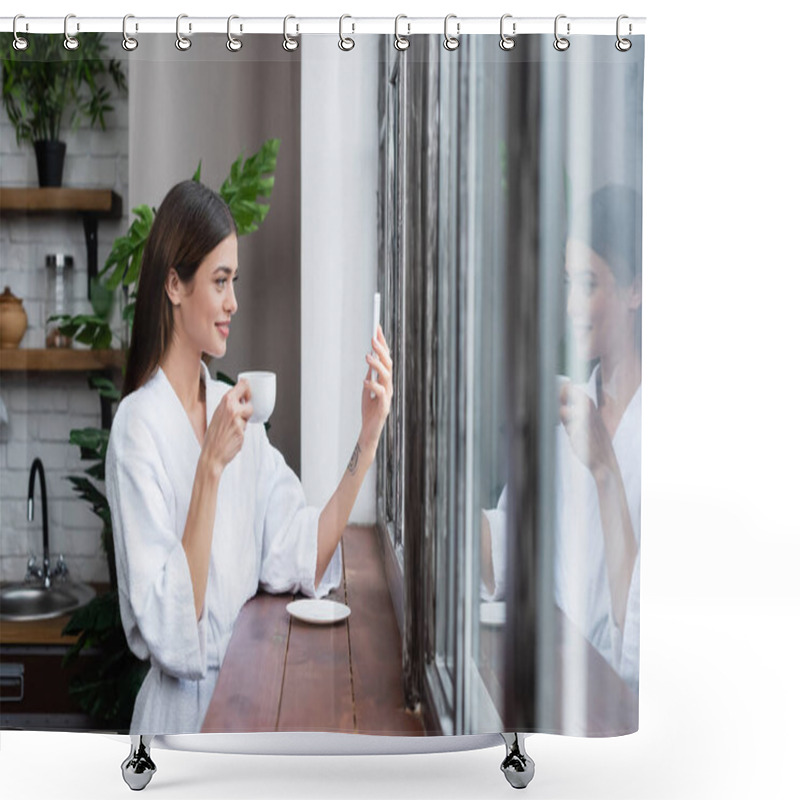 Personality  Pretty Young Adult Woman In Bathrobe Taking Selfie On Cellphone Near Window In Modern Loft  Shower Curtains