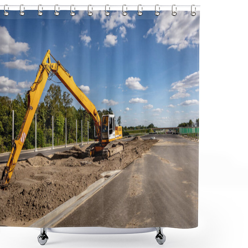 Personality  Highways. Highway Construction Site. Construction Machines On The Road Construction Site. Shower Curtains