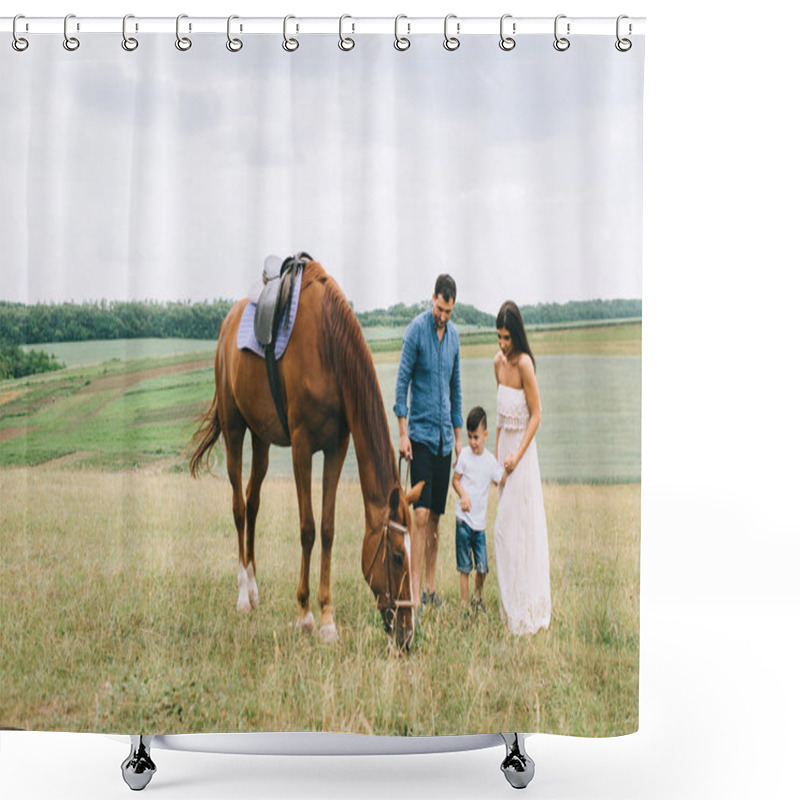 Personality  Parents And Son Standing On Green Field With Brown Horse Shower Curtains