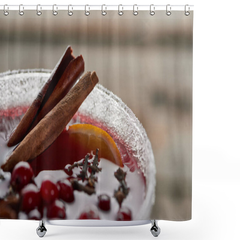 Personality  Close Up View Of Red Spiced Mulled Wine With Berries, Anise, Orange Slices And Cinnamon In Glass Decorated With Sugar Shower Curtains