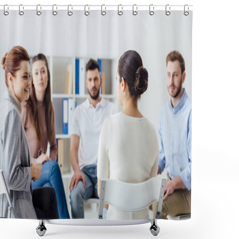 Personality  Group Of People Sitting In Circle On Chairs During Support Group Session Shower Curtains