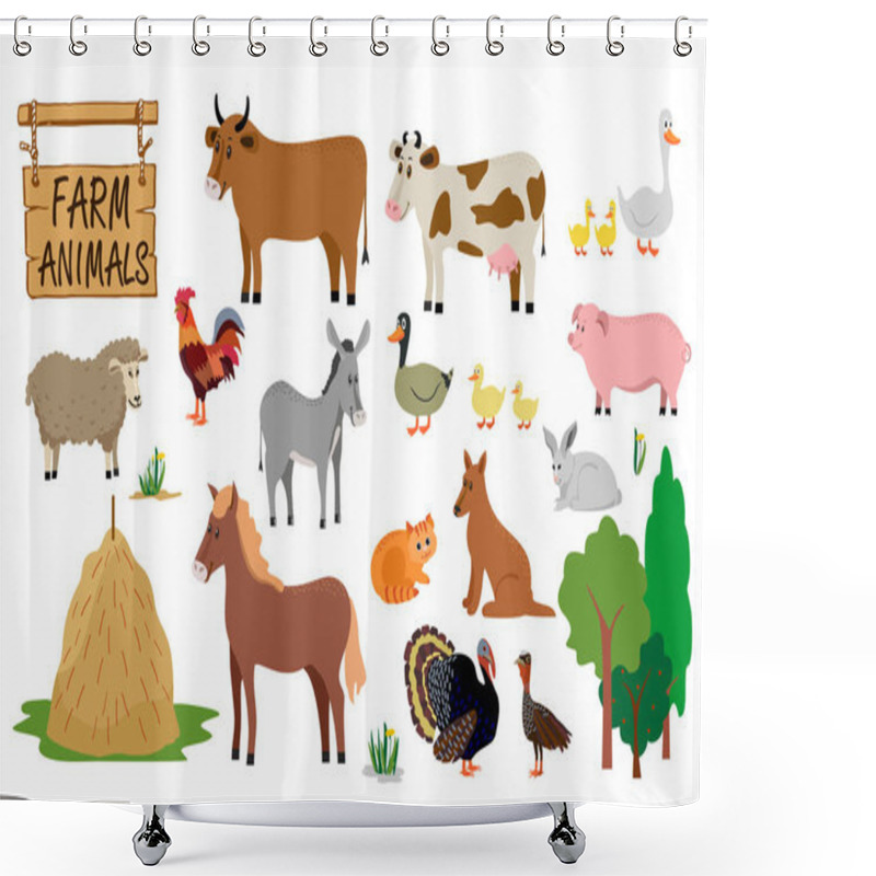 Personality  Farm Animals Set In Flat Style Isolated On White Background. Vector Illustration. Cute Cartoon Animals Collection: Sheep, Goat, Cow, Donkey, Horse, Pig, Cat, Dog, Duck, Goose, Rooster, Turkey.  Shower Curtains