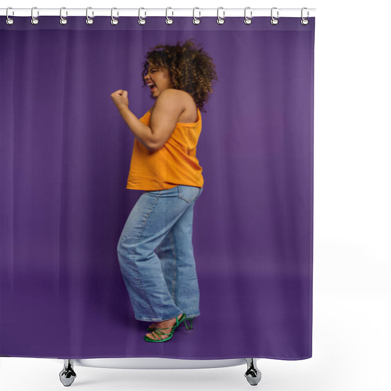 Personality  Stylish Woman Posing In Yellow Shirt And Blue Jeans Against Vibrant Backdrop. Shower Curtains