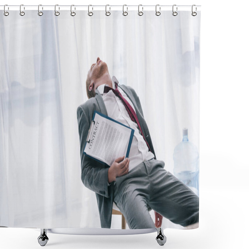 Personality  Exhausted Businessman Sleeping On Chair With Contract In Hand At Office Shower Curtains