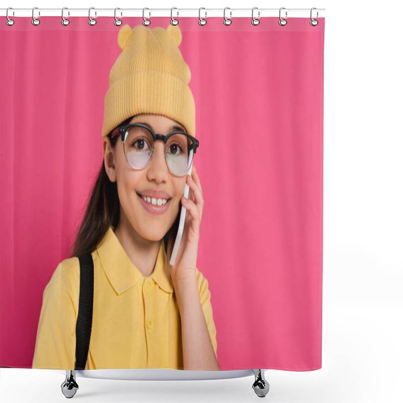 Personality  Happy And Stylish Girl In Beanie Hat Looking At Camera, Girl In Glasses Talking On Smartphone, Pink Shower Curtains