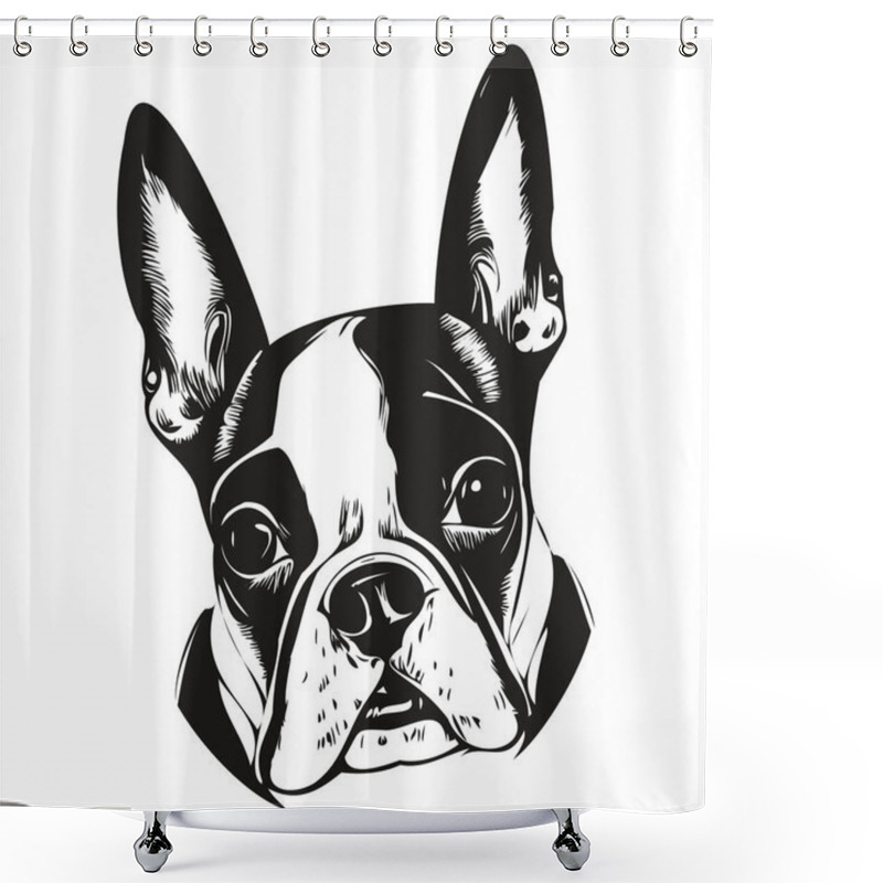 Personality  Boston Terrier Dog Vector Illustration, Hand Drawn Line Art Pets Logo Black And Whit Shower Curtains