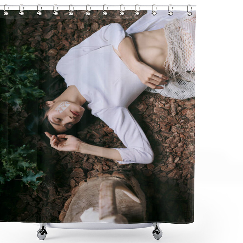 Personality  A Woman Lies On Ground, Her White Clothes Contrasting The Landscape. Shower Curtains