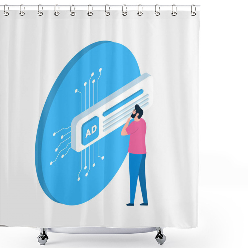 Personality  AI In Marketing And PPC Advertising Concept. Man Engaging With Digital Ppc Ads. Contextual Targeting, Artificial Intelligence, Audience Engagement, Brand Promotion And Data-driven Advertising Visual. Shower Curtains