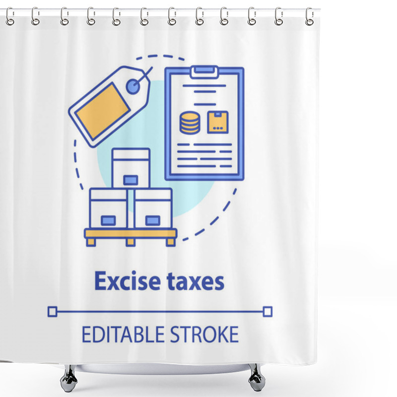 Personality  Excise Taxes Concept Icon. Legislated Taxation On Specific Goods Idea Thin Line Illustration. Tax Levied On Commodities, Services And Activities. Vector Isolated Outline Drawing. Editable Stroke Shower Curtains