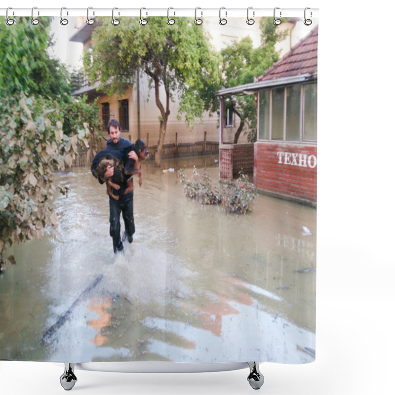 Personality  Man Saves His Dog From A Flood Shower Curtains