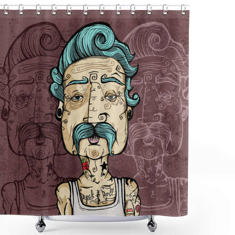 Personality  Portrait Of A Man With Mustache And Tattoos. Vector Illustration. Shower Curtains