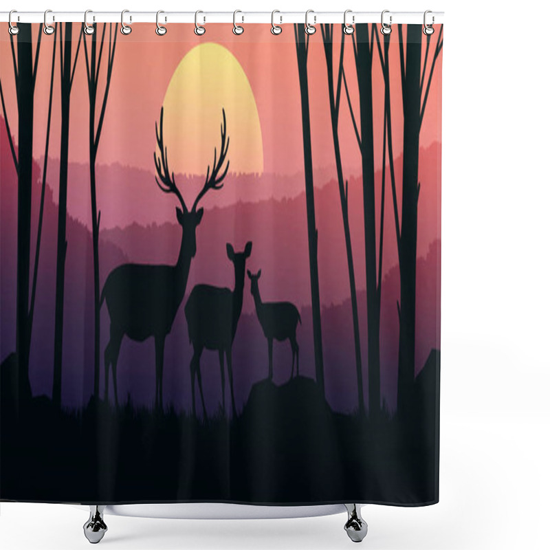 Personality  Herd Of Deer In The Natural Forest. Wild Animals. Mountains Horizon Hills Silhouettes Of Trees. Evening Sunrise And Sunset. Landscape Wallpaper. Illustration Vector Style. Colorful View Background.   Shower Curtains