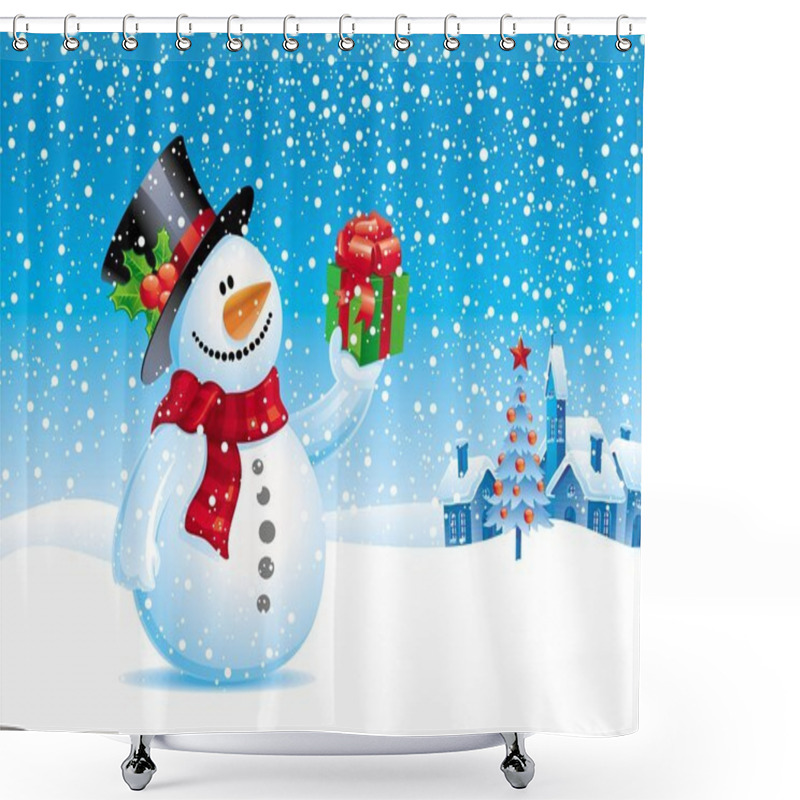 Personality  Christmas Vector Illustration - Snowman With Gift For You Shower Curtains