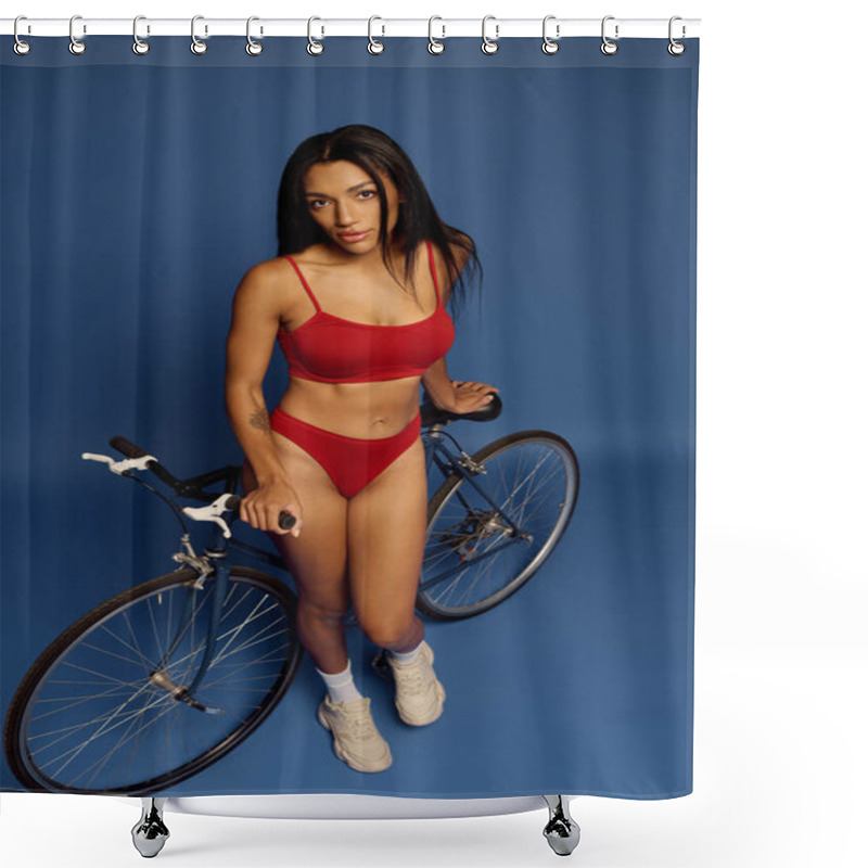 Personality  A Stunning African American Woman In Red Lingerie Poses Elegantly With A Bicycle In The Studio. Shower Curtains