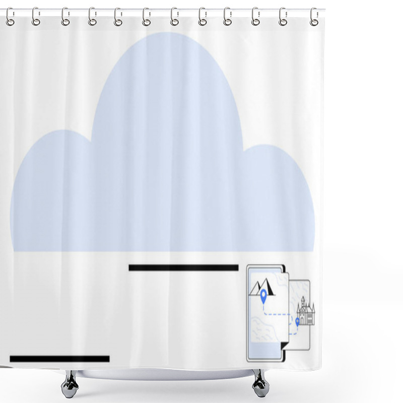 Personality  Blue Cloud Icon With Embedded Geolocation Maps And Travel Landmarks Indicating Digital Storage. Ideal For Data, Cloud Storage, Geolocation, Mapping Apps, Travel Planning, Technology, Abstract Line Shower Curtains