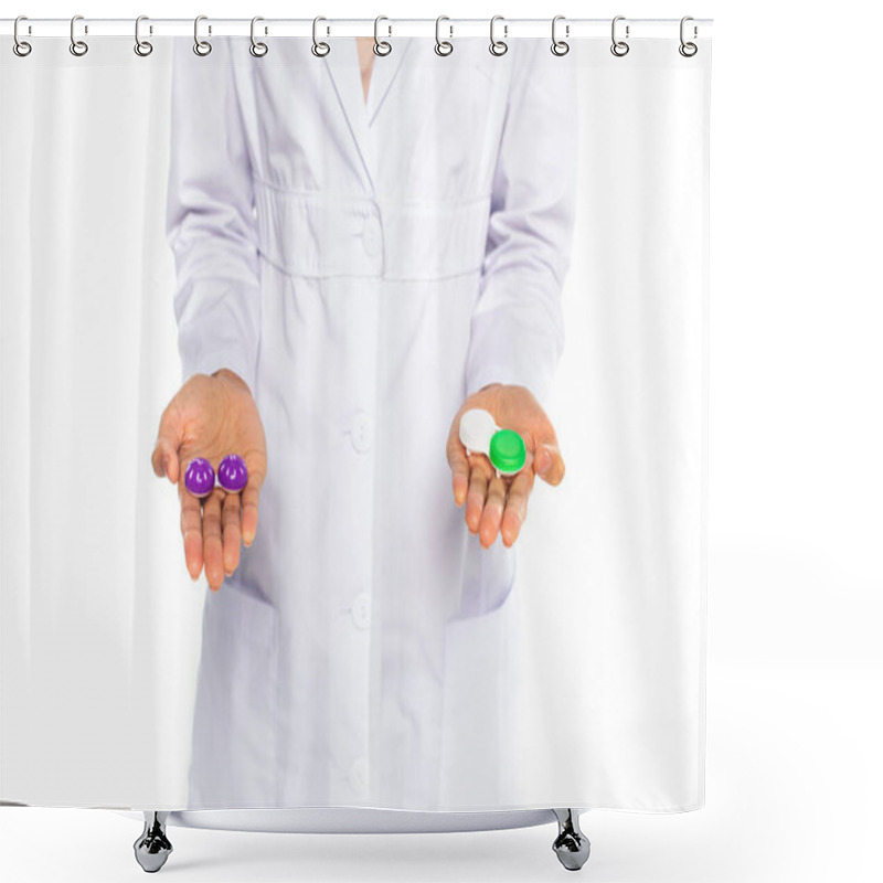 Personality  Cropped View Of Containers With Lenses On Hands Of African American Doctor Isolated On White  Shower Curtains