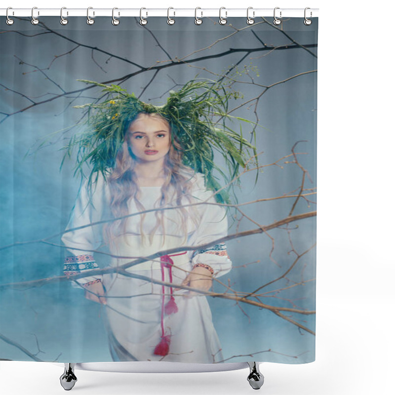 Personality  A Young Woman In A White Dress Stands Gracefully In Front Of A Majestic Tree, Exuding An Aura Of Tranquility And Elegance. Shower Curtains