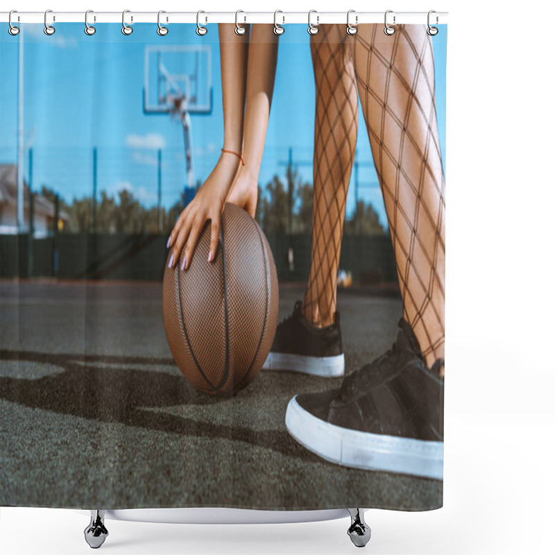 Personality  Woman Placing Basketball On Ground Shower Curtains