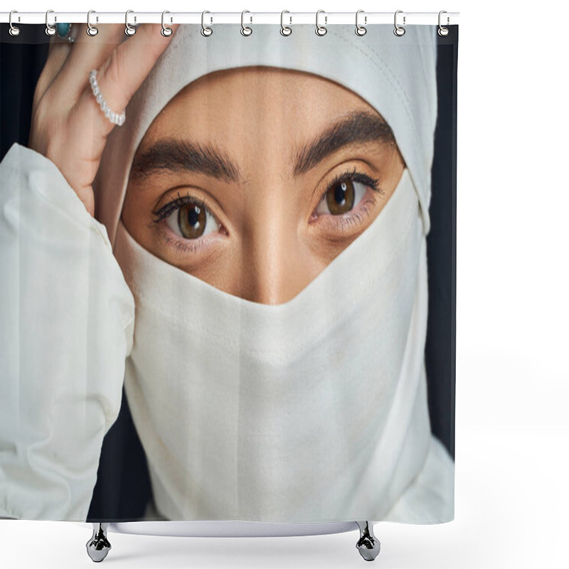 Personality  An Elegant Woman In Traditional Attire Captures Attention With Her Striking Gaze Filled With Depth. Shower Curtains