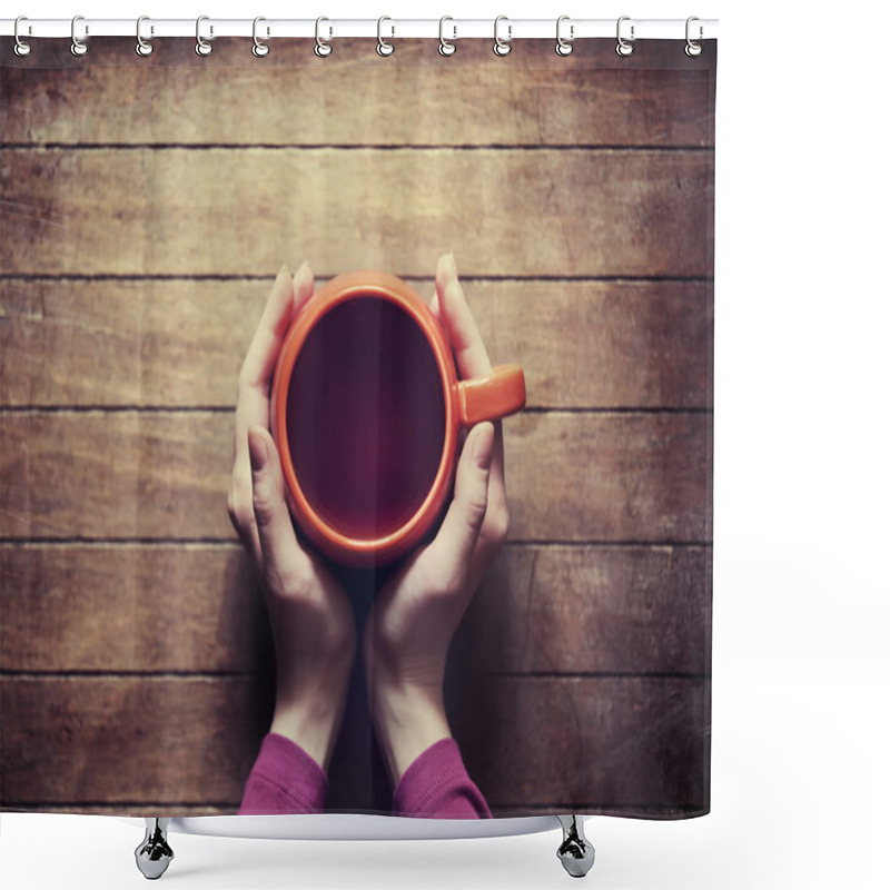 Personality  Woman Holding Hot Cup Of Tea Shower Curtains