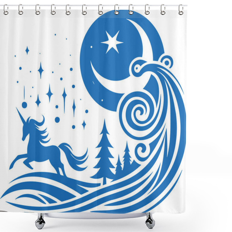 Personality  Blue Silhouette Of A Unicorn In A Mystical Night Scene With Moon And Stars Shower Curtains