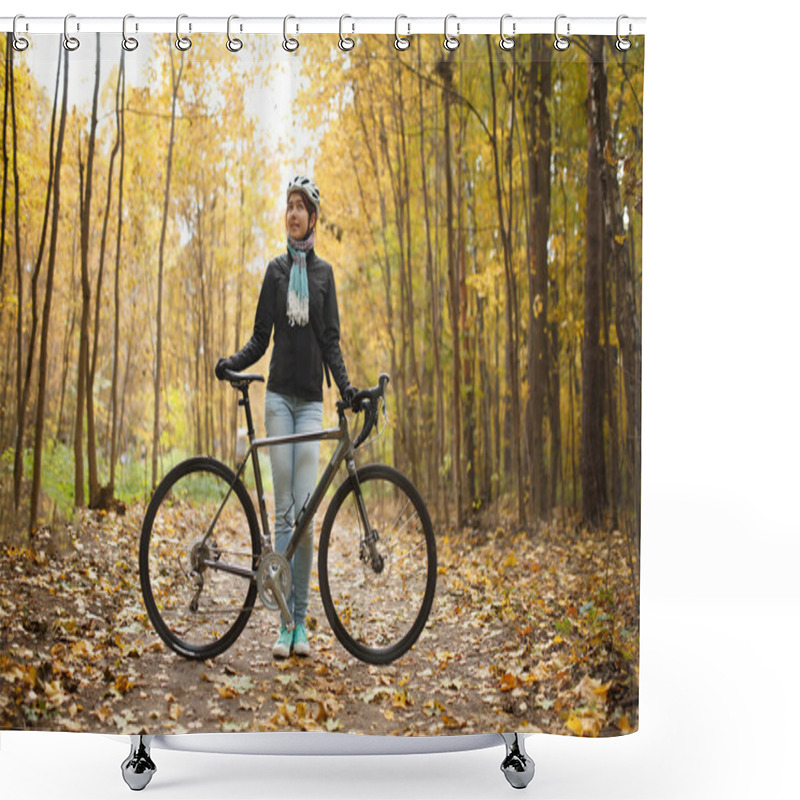 Personality  Image Of Girl In Helmet, Jeans Next To Bicycle In Autumn Park Shower Curtains