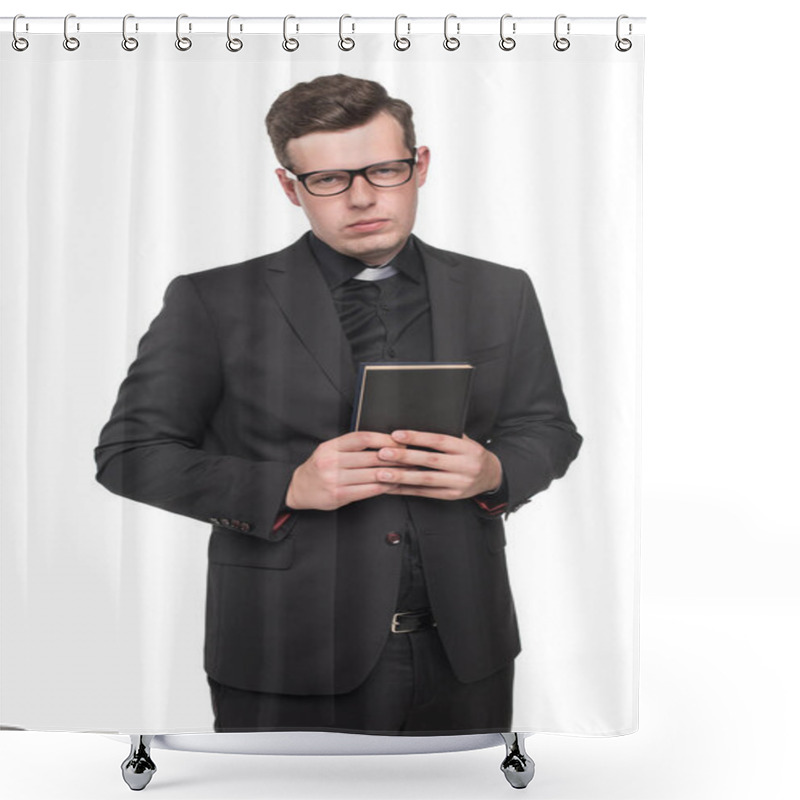 Personality  Young Priest Holding Scripture Book Shower Curtains