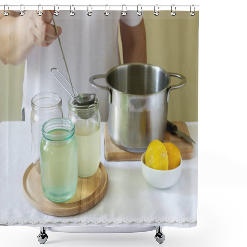 Personality  Elder Flowers, Water, Lemon And Sugar, Ingredients And A Woman Preparing An Elderberry Syrup. Rustic Style, Selective Focus. Shower Curtains