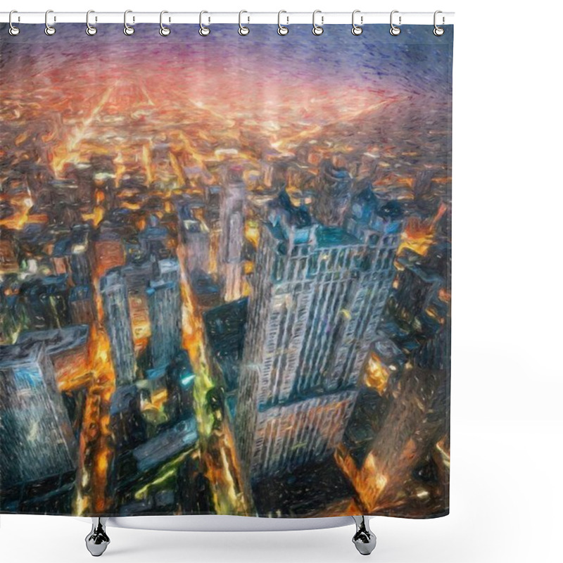 Personality  Real Painting Modern Artistic Artwork Chicago USA Drawing In Oil City Center Skyscrapers And Architecture, America Travel Downtown, Wall Art Print For Canvas Or Paper Poster, Tourism Production Design Shower Curtains