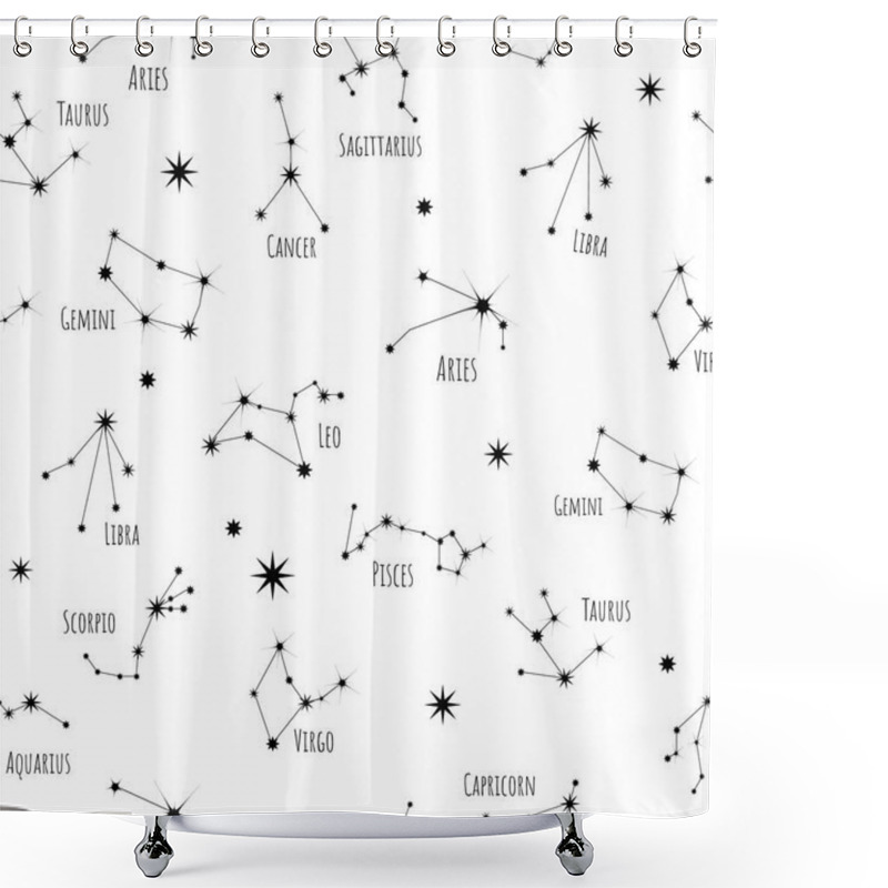 Personality  12 Signs Of The Zodiac Symbols Seamless Pattern. Astrological Constellations On A Light Background. Night Sky, Universe, Galaxy. Texture For Packaging, Paper And Fabric, Vector. Shower Curtains