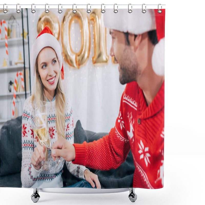 Personality  Smiling Couple In Santa Hats Toasting With Champagne Glasses And Celebrating New Year At Home Shower Curtains