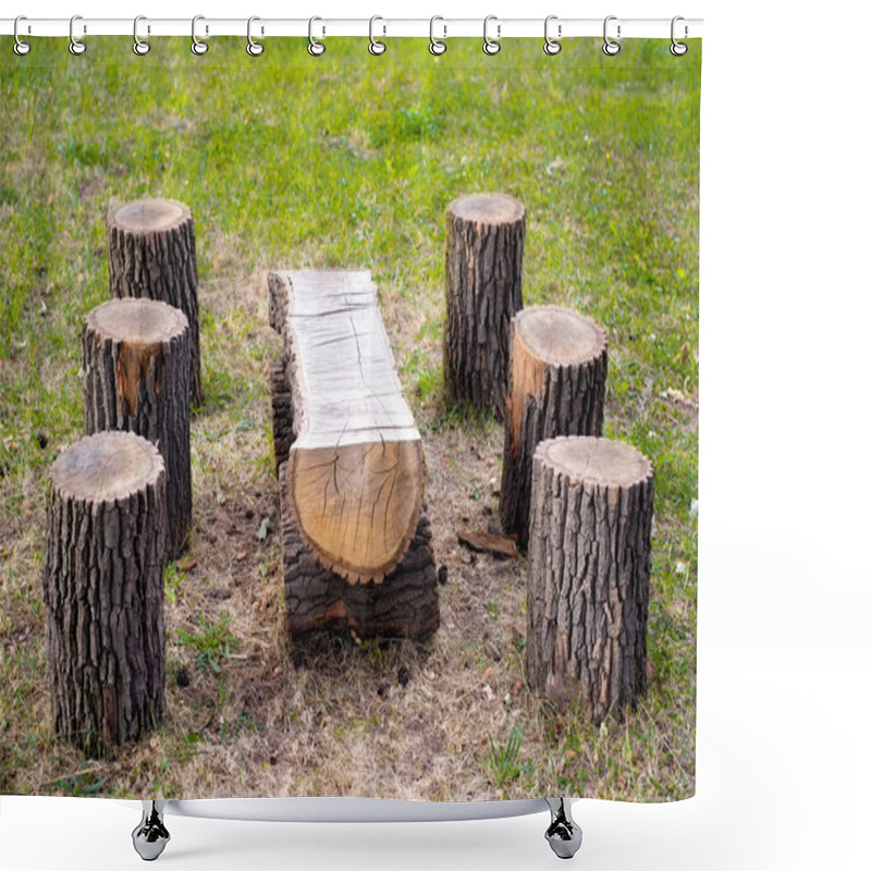 Personality  Wooden Table And Stools Made From Tree Logs Outdoors Shower Curtains