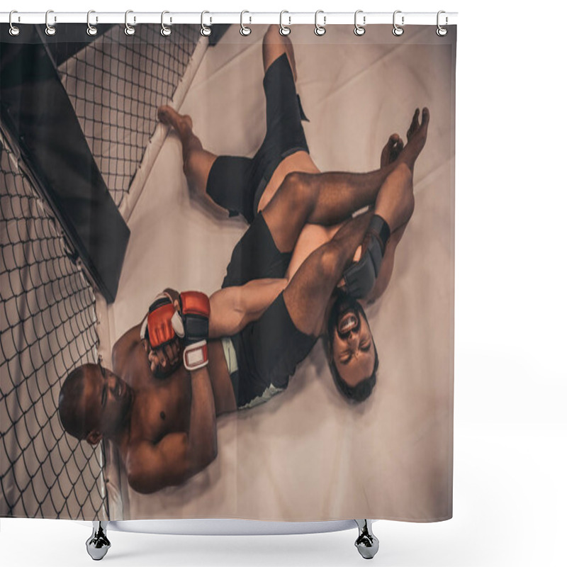 Personality  Two Men In Gloves And Shorts Are Fighting In Cage Using Grappling Shower Curtains