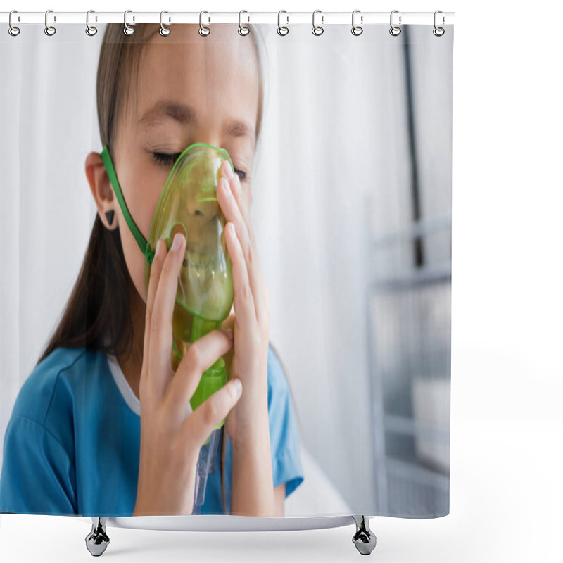 Personality  Ill Child In Patient Gown Using Oxygen Mask In Clinic  Shower Curtains