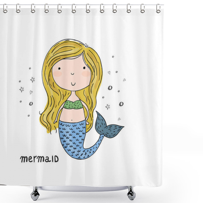 Personality  Hand Drawn Vector Illustration With Little Mermaid Cute Print Shower Curtains