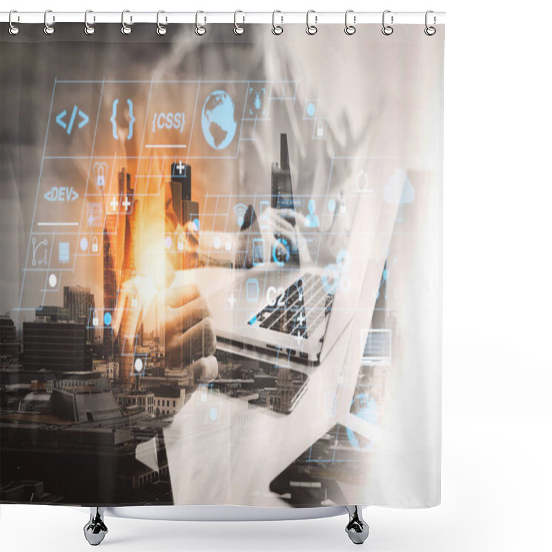 Personality  Coding Software Developer Work With AR New Design Dashboard Computer Icons Of Scrum Agile Development And Code Fork And Versioning With Responsive Cybersecurity.Double Exposure Of Success Businessman Working Shower Curtains