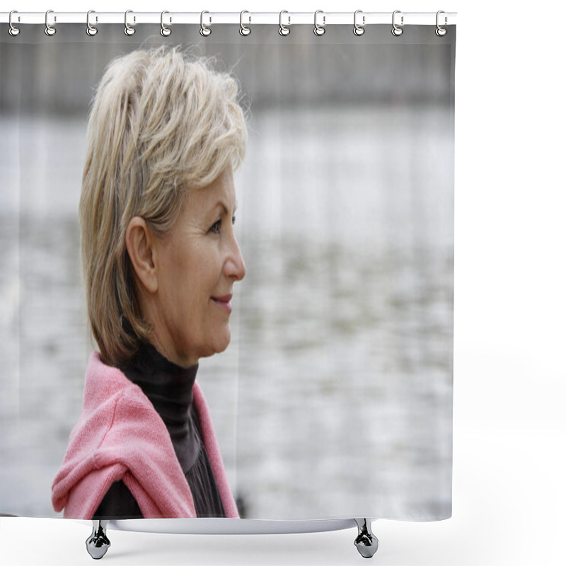 Personality  Mature Woman Looking At River Shower Curtains