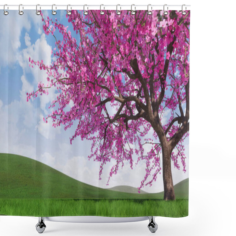 Personality  Close Up Of Single Lush Blooming Japanese Sakura Cherry Tree In Full Blossom On Green Grass Field At Bright Spring Day. With No People Decorative 3D Illustration From My 3D Rendering. Shower Curtains