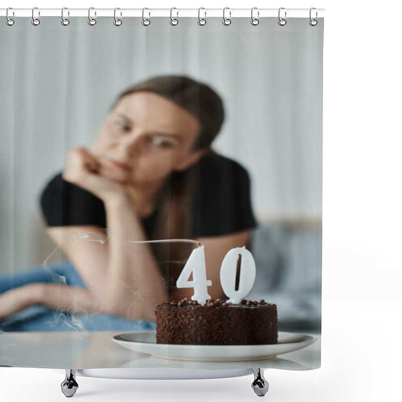 Personality  Middle-aged Woman Gazes At A Birthday Cake, Pondering The Significance Of Turning 40. Shower Curtains