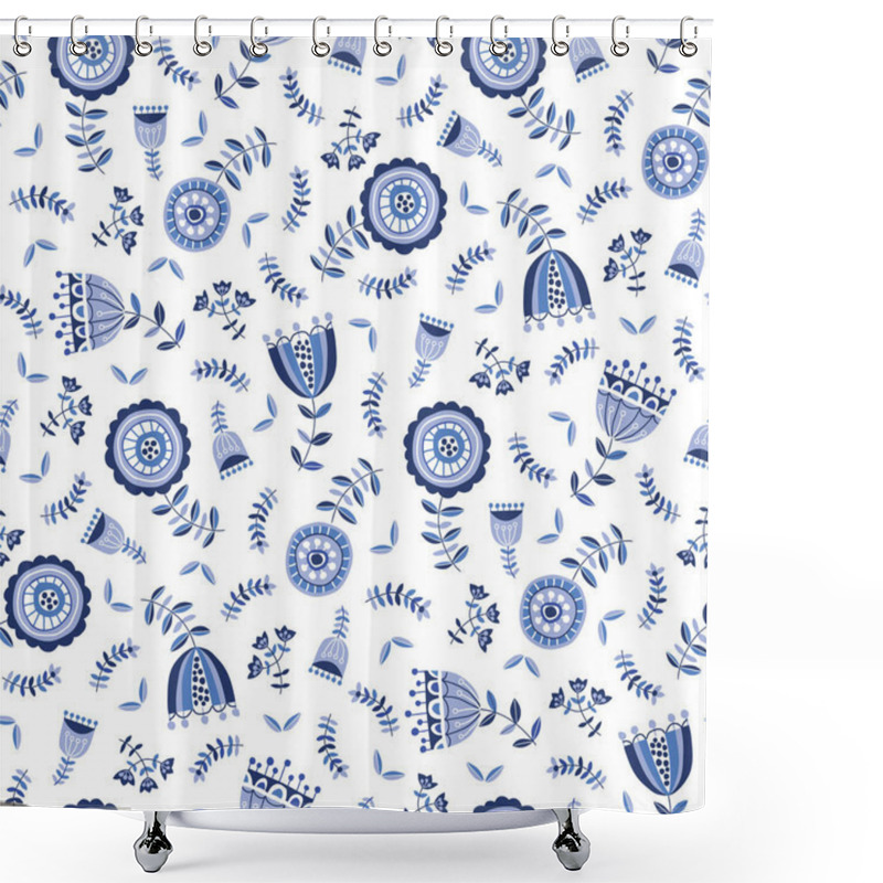 Personality  Folk Blue Flowers On White Background Vector Seamless Pattern. Delft Florals. Hand-drawn Doodle Monochrome Flora. Shower Curtains