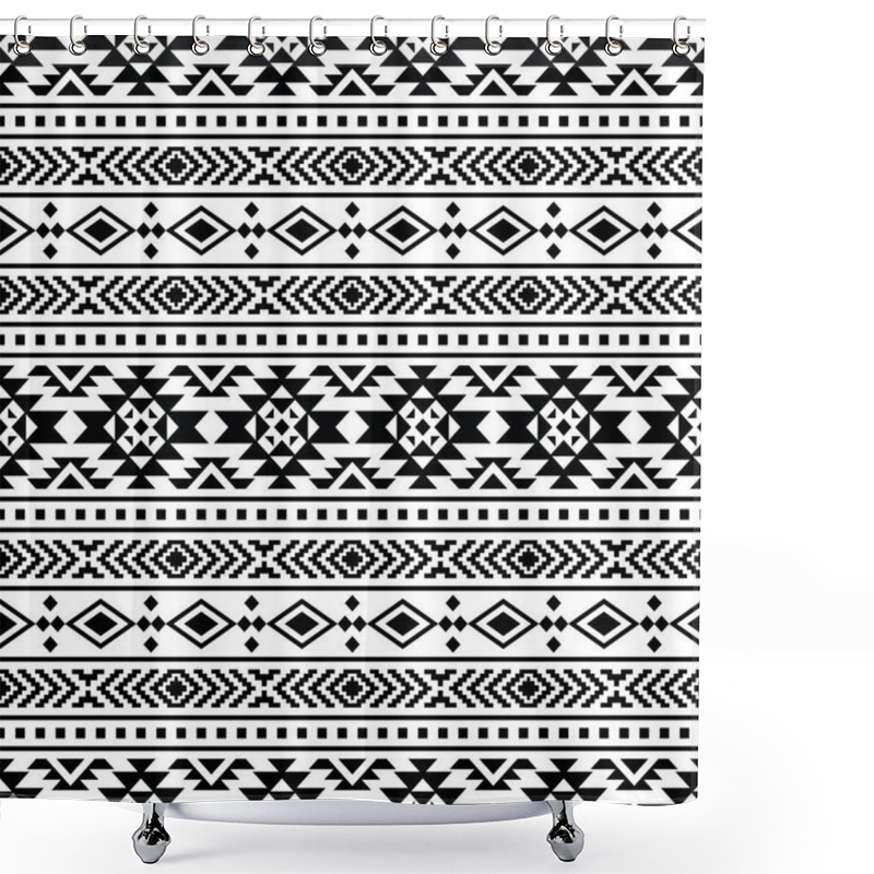 Personality  Figure Tribal Embroidery. Ethnic Geometric Abstract Backdrop. Tribal Navajo Seamless Pattern. Black And White. Design For Textile, Template, Fabric, Weave, Cover, Carpet, Decoration, Tile, Accessory. Shower Curtains