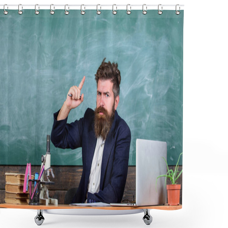 Personality  Teacher Bearded Man Tell Interesting Story. Teacher Charismatic Hipster Sit Table Classroom Chalkboard Background.Teacher Interesting Interlocutor As Best Friend. Telling Educational Stories Shower Curtains