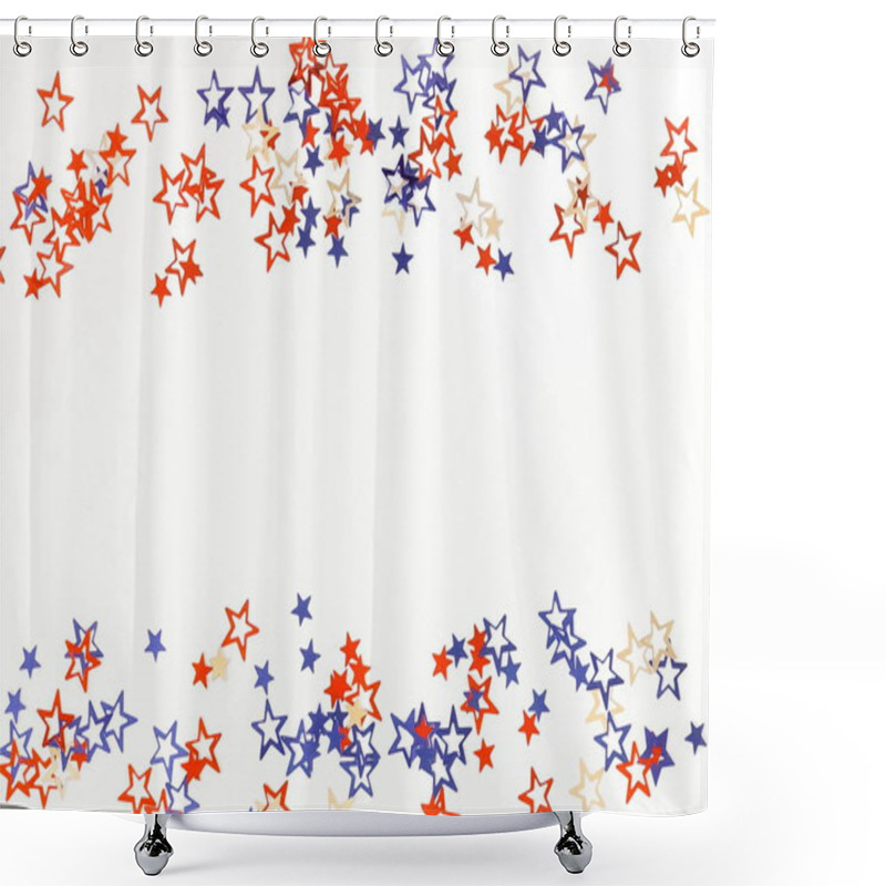 Personality  4th Of July American Independence Day Blue And Red Stars Decorations On White   Background. Flat Lay, Top View, Copy Space.Red And Blue Stars Border For American Independence  Shower Curtains