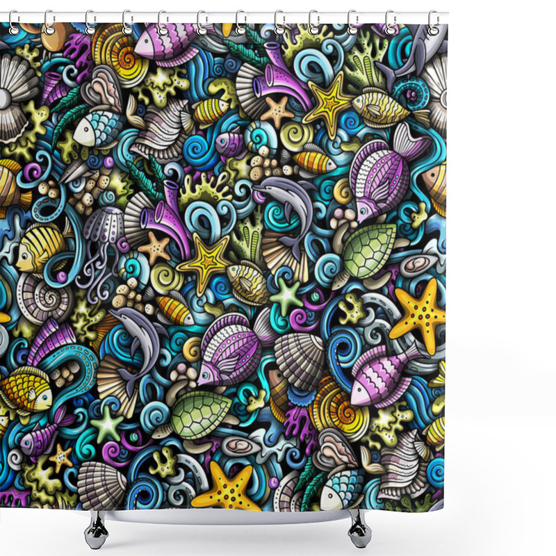 Personality  Cartoon Doodles Sea Life Seamless Pattern. Backdrop With Underwater Symbols And Items. Colorful Detailed Background For Print On Fabric, Textile, Phone Cases, Wrapping Paper. All Objects Separate. Shower Curtains